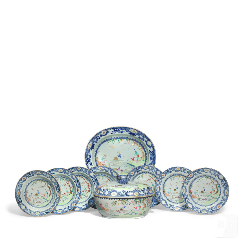 清乾隆 青花粉彩漁人圖餐具一組 | A FAMILLE ROSE AND UNDERGLAZE BLUE 'FISHERMEN' PART SERVICE